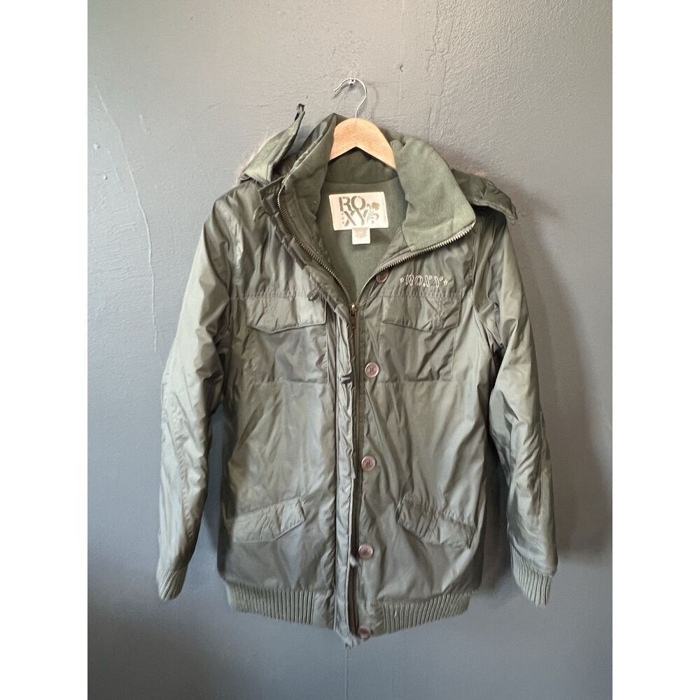Roxy Womens Green Full Zip Rain Jacket Size Large Nylon Hooded